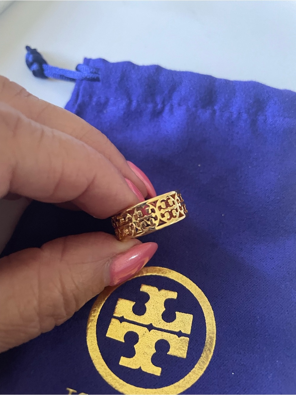 Tory Burch Gold Filigree Logo Band Ring